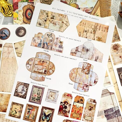 Vintage Junk Journal Kit with DIY Ephemera Storage and Accordion Pockets,11 Sheets Cardstock Pieces for Art Journaling, Scrapbooking and Mixed Media Crafts in Saudi Arabia