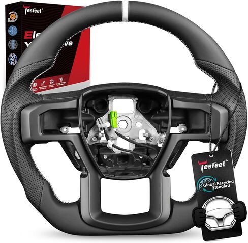 Full Leather Steering Wheel for Ford F-150 Raptor 2017-2020 Gen 2, Heated Compatible, D-Shaped Flat Bottom, Perforated Leather Grip, Blue Stripe & Stitching, Matching Matte Accent in Saudi Arabia