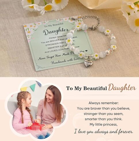 MEALGUET Charm Bracelet Gifts for Girls – Adjustable Daisy & Cat Eye Stone Heart Charm Bracelet with Inspirational Card – Birthday,Graduation Jewelry for Daughter, Granddaughter, Niece (Ages 3-15) in Saudi Arabia