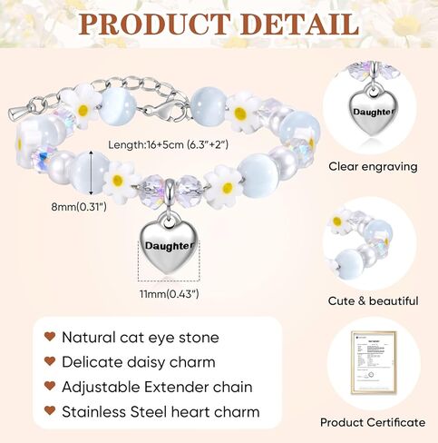 MEALGUET Charm Bracelet Gifts for Girls – Adjustable Daisy & Cat Eye Stone Heart Charm Bracelet with Inspirational Card – Birthday,Graduation Jewelry for Daughter, Granddaughter, Niece (Ages 3-15) in Saudi Arabia