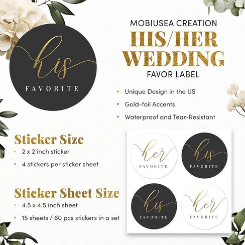 Mobiusea Creation His Favorite Her Favorite Stickers | 60pcs Black & White Gold Foil Wedding Stickers for Bridal Shower, Engagement & Anniversary Party Favors | 2x2 Waterproof Labels in Kuwait