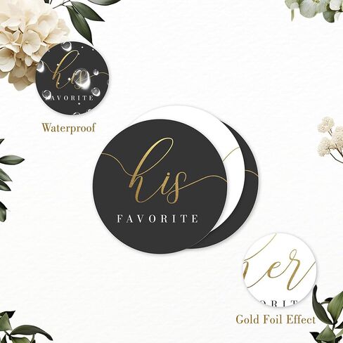 Mobiusea Creation His Favorite Her Favorite Stickers | 60pcs Black & White Gold Foil Wedding Stickers for Bridal Shower, Engagement & Anniversary Party Favors | 2x2 Waterproof Labels in Kuwait