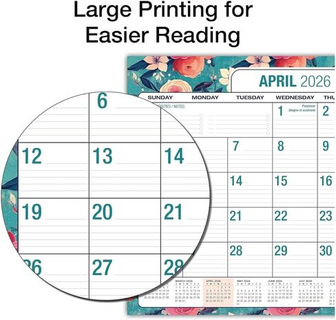 2026-2027 Excello Brands طباعة كبيرة مقاس 22 بوصة × 17 بوصة تقويم شهري أكاديمي للمكتب، زهور باللون الأزرق المخضر (NAY27-2217DP-17) in Kuwait
