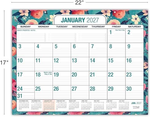 2026-2027 Excello Brands طباعة كبيرة مقاس 22 بوصة × 17 بوصة تقويم شهري أكاديمي للمكتب، زهور باللون الأزرق المخضر (NAY27-2217DP-17) in Kuwait