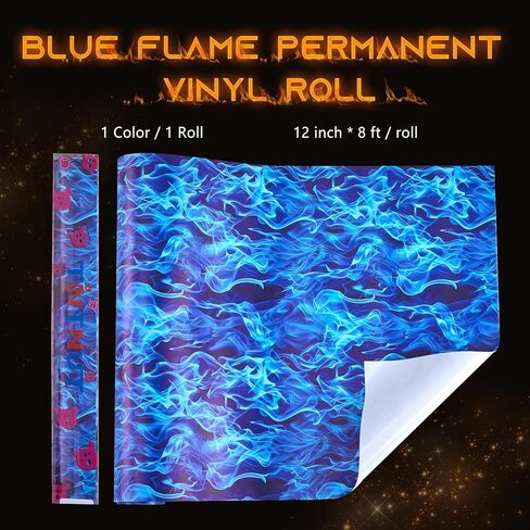 Tintnut Flame Permanent Vinyl-12 x 8ft, Blue Fire Patterned Permanent Adhesive Vinyl for Cutting Machine, Waterproof Roll for Home Decor Self Sticker in Kuwait