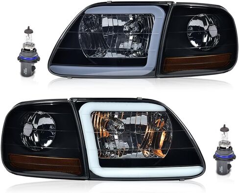 LED Headlights Assembly Corner Parking Lights Compatible With Faros Delanteros Para Ford F150 1997-2004 & F250 1997-1999 & 1997-2002 Ford Expedition |Clear Lens Smoky Housing Amber Reflector W/Bulbs in Kuwait
