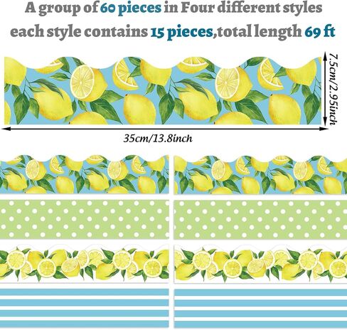 Whaline 70 Ft Summer Lemon Bulletin Board Borders Citrus Fruit Striped Dots Self-Adhesive Border Trim Scalloped & Straight Border Decals for Back to School Classroom Wall Decor, 60 Pcs in Kuwait