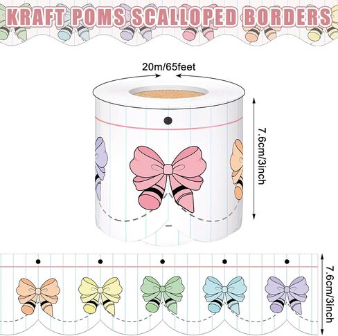 Zonon 65ft Composition Pastel Crayon Bows Bulletin Board Borders Blue Composition Notebook Crayon Bows Scalloped Trim Borders Classroom Bulletin Board Decorations for School Office Classroom DIY Craft in Kuwait