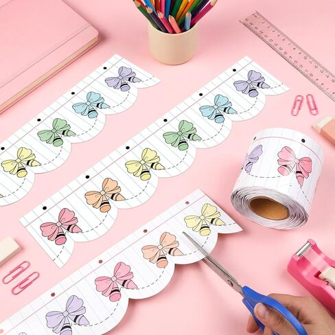 Zonon 65ft Composition Pastel Crayon Bows Bulletin Board Borders Blue Composition Notebook Crayon Bows Scalloped Trim Borders Classroom Bulletin Board Decorations for School Office Classroom DIY Craft in Kuwait