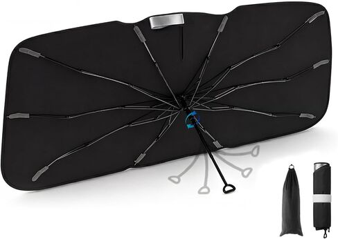 3W Windshield Sun Shade Umbrella, Medium 57.1" x 31.9" – Vinyl Coating Heat Shield, Spring Structure Edge – Protect Car Interior from Sun Rays & Heat Damage, Block UV Rays, Keep Cool in Saudi Arabia