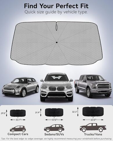 3W Windshield Sun Shade Umbrella, Medium 57.1" x 31.9" – Vinyl Coating Heat Shield, Spring Structure Edge – Protect Car Interior from Sun Rays & Heat Damage, Block UV Rays, Keep Cool in Saudi Arabia
