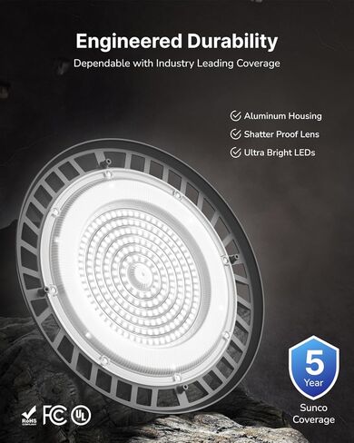 Sunco 6 حزمة UFO LED High Bay Light، 150W، 19500 لومن، 6000k مصابيح المتاجر التجارية فائقة السطوع للمستودع، المصنع، ورشة العمل، المرآب والحظيرة، جبل السقف، التوصيل والتشغيل، 120 فولت، UL in Kuwait