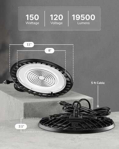 Sunco 6 حزمة UFO LED High Bay Light، 150W، 19500 لومن، 6000k مصابيح المتاجر التجارية فائقة السطوع للمستودع، المصنع، ورشة العمل، المرآب والحظيرة، جبل السقف، التوصيل والتشغيل، 120 فولت، UL in Kuwait