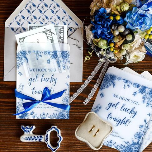 100 Pack Blue Floral Glassine Envelopes Lottery Ticket Envelopes We Hope You Get Lucky Tonight Scratch Card Holder Clear Envelope for Wedding Bridal Shower Bachelorette Party Favors 4.72 x 3.36 Inches in Saudi Arabia