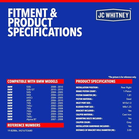 JC Whitney JFBAJCWBC00885 Rear Right Brake Caliper Assembly with Bracket - Compatible with BMW 535i, 535i GT, 545i, 550i, 745i, 745Li, 750i, 750Li, 760i, 760Li, Alpina B7, 645Ci, 650i in Kuwait