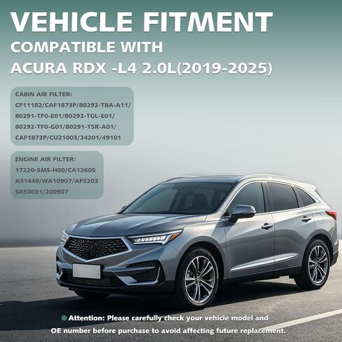 طقم استبدال فلتر هواء المقصورة والمحرك مكون من قطعتين متوافق مع Acura RDX 2.0L 2019-2025، يناسب أرقام الأجزاء 17220-5MS-H00، CA12605، AF5203، 80292-TF0-G01، 80292-TBA-A11، 80291-TF0-E01 in Kuwait