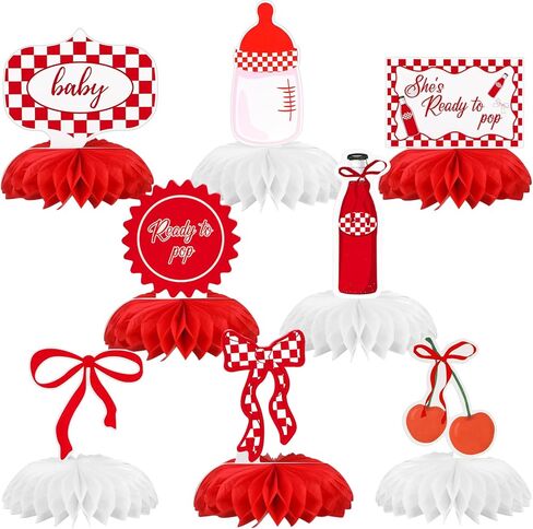 8 Pcs She's Ready to Pop Baby Shower Decorations She's Ready to Pop Honeycomb Centerpiece Red and White Gingham Table Decor Tabletop Sign for Baby Shower Party Table Decoration Party Supplies in Kuwait