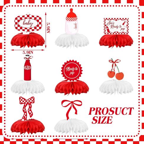 8 Pcs She's Ready to Pop Baby Shower Decorations She's Ready to Pop Honeycomb Centerpiece Red and White Gingham Table Decor Tabletop Sign for Baby Shower Party Table Decoration Party Supplies in Kuwait