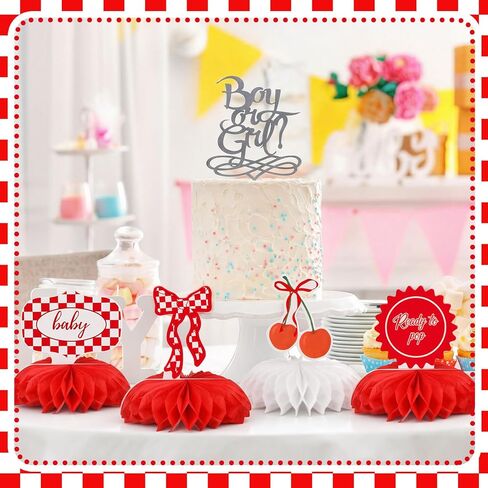 8 Pcs She's Ready to Pop Baby Shower Decorations She's Ready to Pop Honeycomb Centerpiece Red and White Gingham Table Decor Tabletop Sign for Baby Shower Party Table Decoration Party Supplies in Kuwait