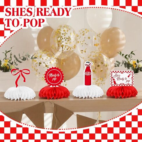 8 Pcs She's Ready to Pop Baby Shower Decorations She's Ready to Pop Honeycomb Centerpiece Red and White Gingham Table Decor Tabletop Sign for Baby Shower Party Table Decoration Party Supplies in Kuwait
