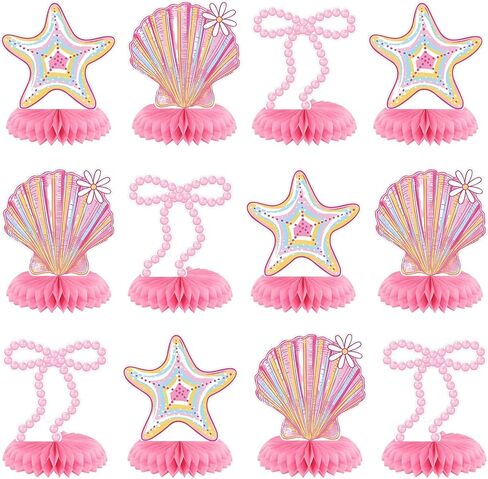 12 Pcs Blue Bow & Seashell Birthday Party Table Decor, Blue Bow Honeycomb Centerpieces, Summer Coastal Beach Party Decor, Starfish Seashell Table Topper for Birthday Bachelorette Bridal Wedding in Kuwait