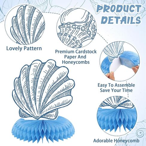 12 Pcs Blue Bow & Seashell Birthday Party Table Decor, Blue Bow Honeycomb Centerpieces, Summer Coastal Beach Party Decor, Starfish Seashell Table Topper for Birthday Bachelorette Bridal Wedding in Kuwait
