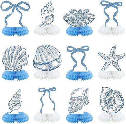 12 Pcs Blue Bow & Seashell Birthday Party Table Decor, Blue Bow Honeycomb Centerpieces, Summer Coastal Beach Party Decor, Starfish Seashell Table Topper for Birthday Bachelorette Bridal Wedding in Kuwait