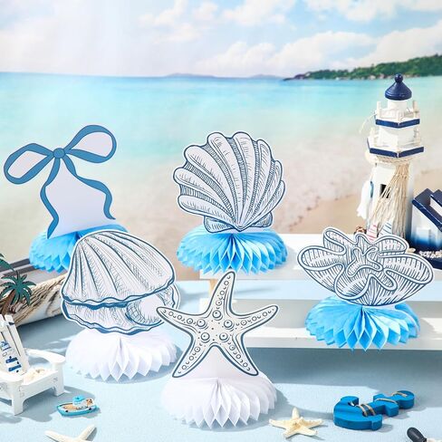 12 Pcs Blue Bow & Seashell Birthday Party Table Decor, Blue Bow Honeycomb Centerpieces, Summer Coastal Beach Party Decor, Starfish Seashell Table Topper for Birthday Bachelorette Bridal Wedding in Kuwait
