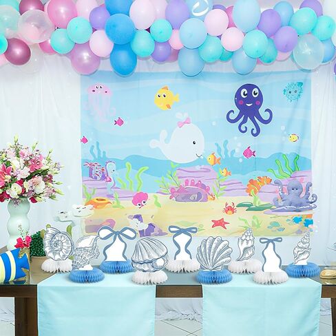 12 Pcs Blue Bow & Seashell Birthday Party Table Decor, Blue Bow Honeycomb Centerpieces, Summer Coastal Beach Party Decor, Starfish Seashell Table Topper for Birthday Bachelorette Bridal Wedding in Kuwait