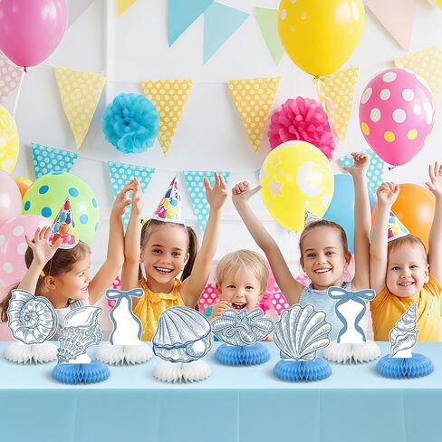 12 Pcs Blue Bow & Seashell Birthday Party Table Decor, Blue Bow Honeycomb Centerpieces, Summer Coastal Beach Party Decor, Starfish Seashell Table Topper for Birthday Bachelorette Bridal Wedding in Kuwait