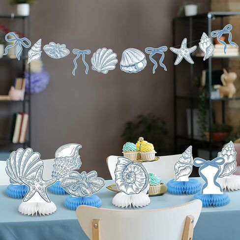 12 Pcs Blue Bow & Seashell Birthday Party Table Decor, Blue Bow Honeycomb Centerpieces, Summer Coastal Beach Party Decor, Starfish Seashell Table Topper for Birthday Bachelorette Bridal Wedding in Kuwait