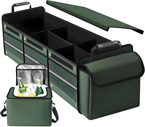 Collapsible Trunk Organizer for Car with Insulated Leakproof Cooler Bag, 3 Compartments SUV Cargo Organizer w/Removable Dividers, 5-in-1 Storage w/Foldable Lid & 2 Tie-Down Straps (Green) in Saudi Arabia
