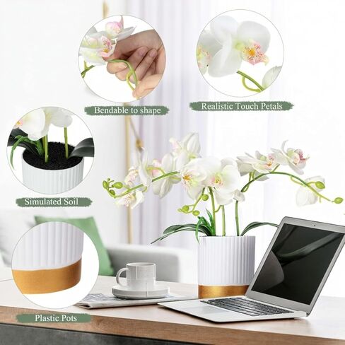 XunYee Orchid Artificial Flowers in Pot 15 Inches Artificial Orchid Flowers Phalaenopsis Flowers Potting for Home Office Wedding Bathroom Centerpiece Decor (White) in Saudi Arabia