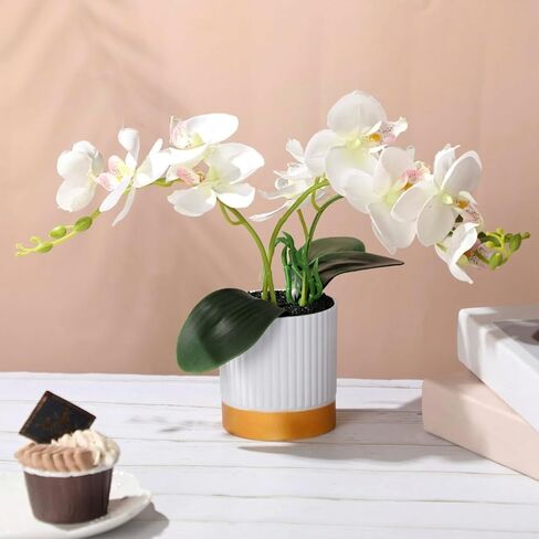 XunYee Orchid Artificial Flowers in Pot 15 Inches Artificial Orchid Flowers Phalaenopsis Flowers Potting for Home Office Wedding Bathroom Centerpiece Decor (White) in Saudi Arabia