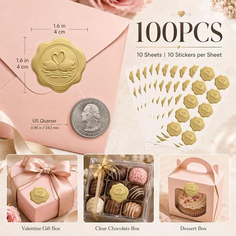100PCS Swan Seal Stickers for Wedding Invitations, Matte Gold Embossed Envelope Seal Labels, Romantic Gift Packaging & Dessert Box Stickers for Valentine’s Day, Bridal Shower, Anniversary, 1.6 Inch in Saudi Arabia