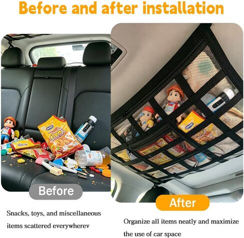 Car Ceiling Cargo Net, 35.4x25.6 Inch Large Overhead Storage Mesh Organizer with 1 Pockets, Double Layer Roof Bag for SUV Van, Camping Overlanding Gear, Adjustable Road Trip Essentials in Kuwait