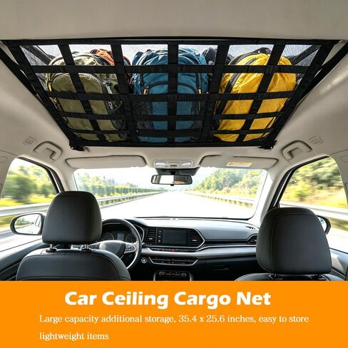 Car Ceiling Cargo Net, 35.4x25.6 Inch Large Overhead Storage Mesh Organizer with 1 Pockets, Double Layer Roof Bag for SUV Van, Camping Overlanding Gear, Adjustable Road Trip Essentials in Kuwait