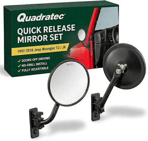 مرايا Quadratec سريعة التحرير برأس مستدير، زوج من 2 - يناسب جيب رانجلر TJ & JK ببابين و4 أبواب 1997-2018 - يناسب سيارات الجيب عندما تكون الأبواب مغلقة - رائعة للأبواب الأنبوبية - يتم ربطها بالعمود A in Kuwait
