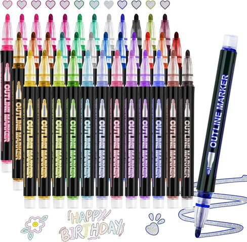 12 Colors Metallic Outline Markers, Acrylic Paint Pens for Rock, Wood, Ceramic, Self Outline Glitter Art Pens for Adults, Teens - Easter Basket Stuffers & Crafting Essentials in Saudi Arabia