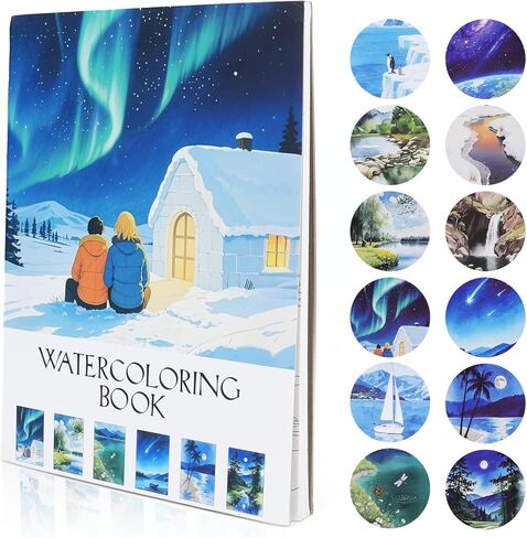 RGBMIX Nature Scenes Watercolor Paper Pad Cotton 140lb/300gsm 12 Sheets Watercolor Coloring Book 9x12'' Pre-Printed Line Art of Aurora, Waterfall, Forest, Glacier for Watercolor, Acrylic, Pencil in Saudi Arabia