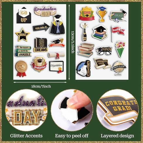 24 Pcs 3D Graduation Stickers Die-Cut Layer & Glitter Scrapbook Sticker Sheets, Graduate Theme Double Layer Dimensional Stickers for Card, Journaling, Scrapbooking, Vision Board, DIY Crafts in Kuwait