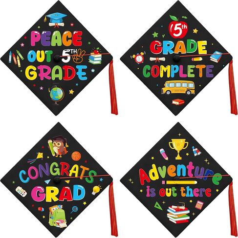 24 Pcs 8th Grade Graduation Cap Stickers, Black and Gold Graduation Cap Decorations Kit on 4"×6" Sheets, DIY Hat Decorations for Grads Middle School Ceremony Photo Day, Eighth Grade Decor in Kuwait