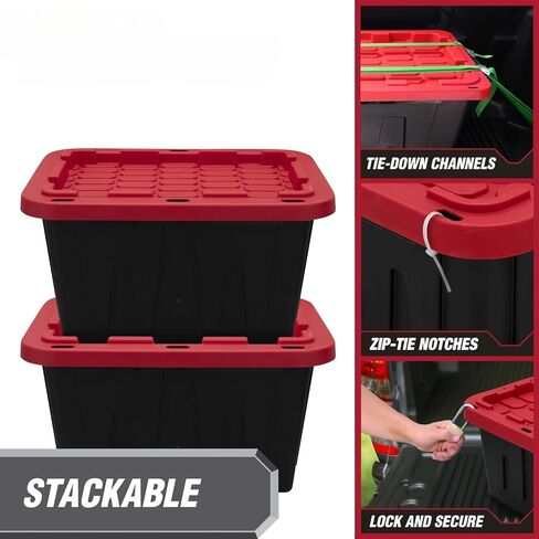 12 Gallon Small Storage Bin with Snap Lid, Black and Red, Heavy Duty Plastic Storage Container in Saudi Arabia