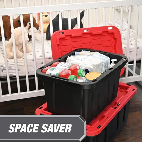12 Gallon Small Storage Bin with Snap Lid, Black and Red, Heavy Duty Plastic Storage Container in Saudi Arabia