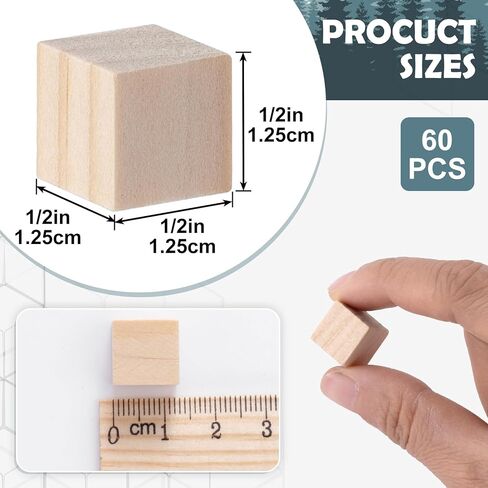 60 Pcs Unfinished Wood Blocks for Crafts, 0.5inch/1.25cm Mini Natural Pine Wood Cubes, Blank Square Wooden Blocks for DIY Dice STEM Building Stacking Decorating in Kuwait