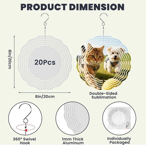 20 Pcs Sublimation Wind Spinner Blanks 8 Inch Double Sided 3D Metal Wind Spinners Aluminum Sublimation Blanks Bulk Products for DIY Gifts Indoor Outdoor Decor, Individually Packaged in Saudi Arabia