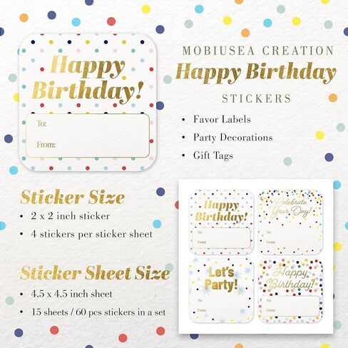 Mobiusea Creation Polka Dot Happy Birthday Stickers | 60pcs 2" Waterproof to and from Stickers for Gifts | Gold Foil Birthday Gift Tags for Presents, Party Favors, Treat Bags, Birthday Decorations in Kuwait
