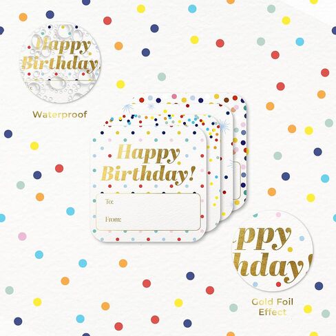Mobiusea Creation Polka Dot Happy Birthday Stickers | 60pcs 2" Waterproof to and from Stickers for Gifts | Gold Foil Birthday Gift Tags for Presents, Party Favors, Treat Bags, Birthday Decorations in Kuwait