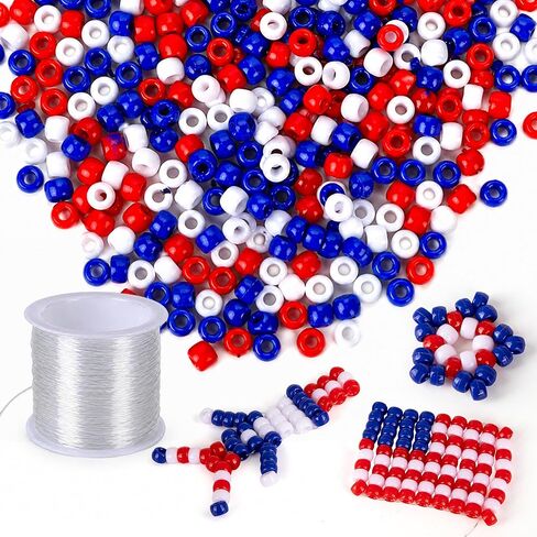 ArtCreativity 1000+ PCS Patriotic Beads Kit for Kids - Red White and Blue Plastic Jewelry Beads with 40m String for Making USA Flag Necklaces & Bracelets - July 4th Arts and Crafts for Kids in Kuwait