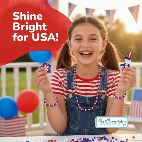 ArtCreativity 1000+ PCS Patriotic Beads Kit for Kids - Red White and Blue Plastic Jewelry Beads with 40m String for Making USA Flag Necklaces & Bracelets - July 4th Arts and Crafts for Kids in Kuwait